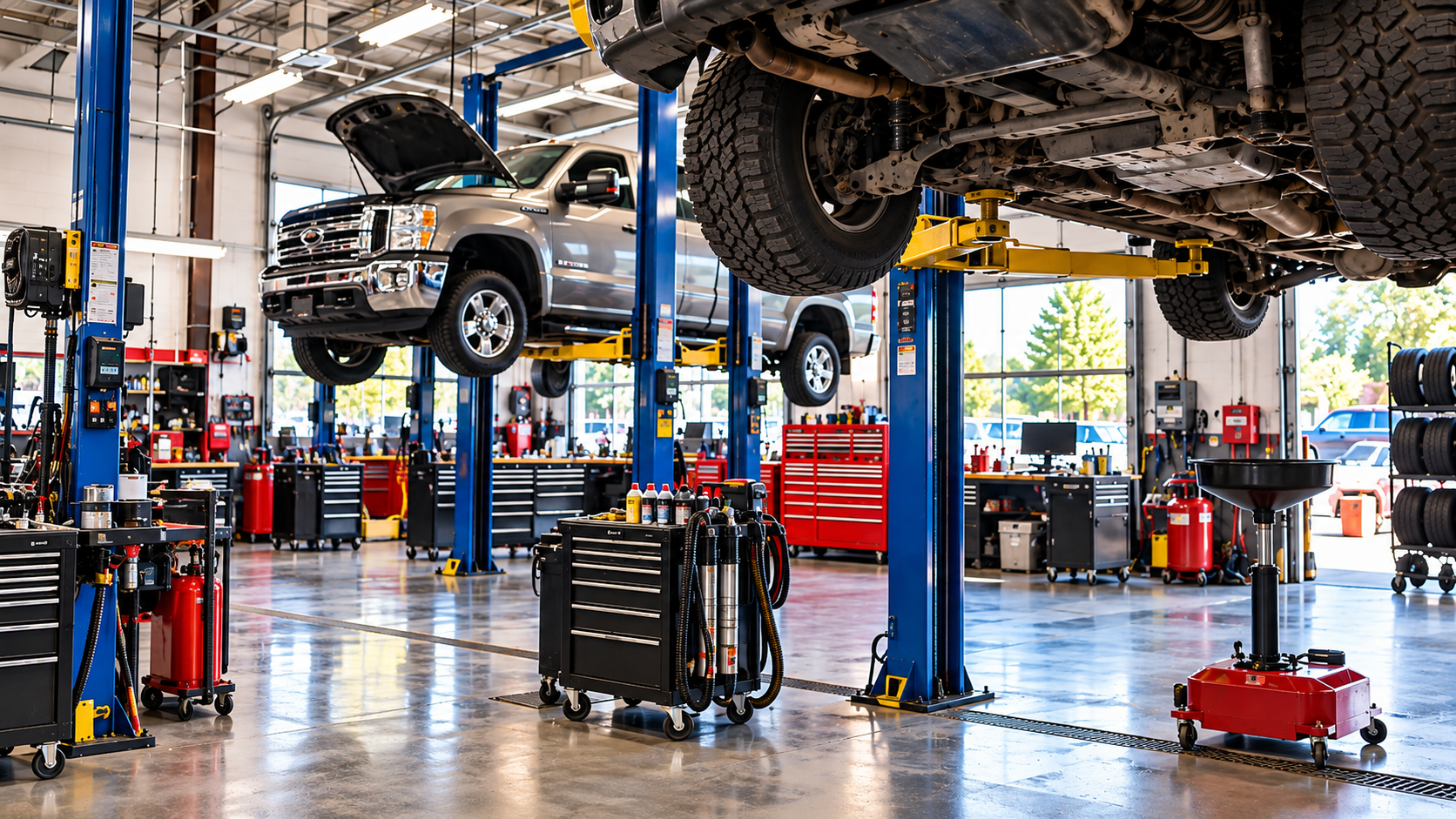 Automotive repair shop with vehicles on service lifts
