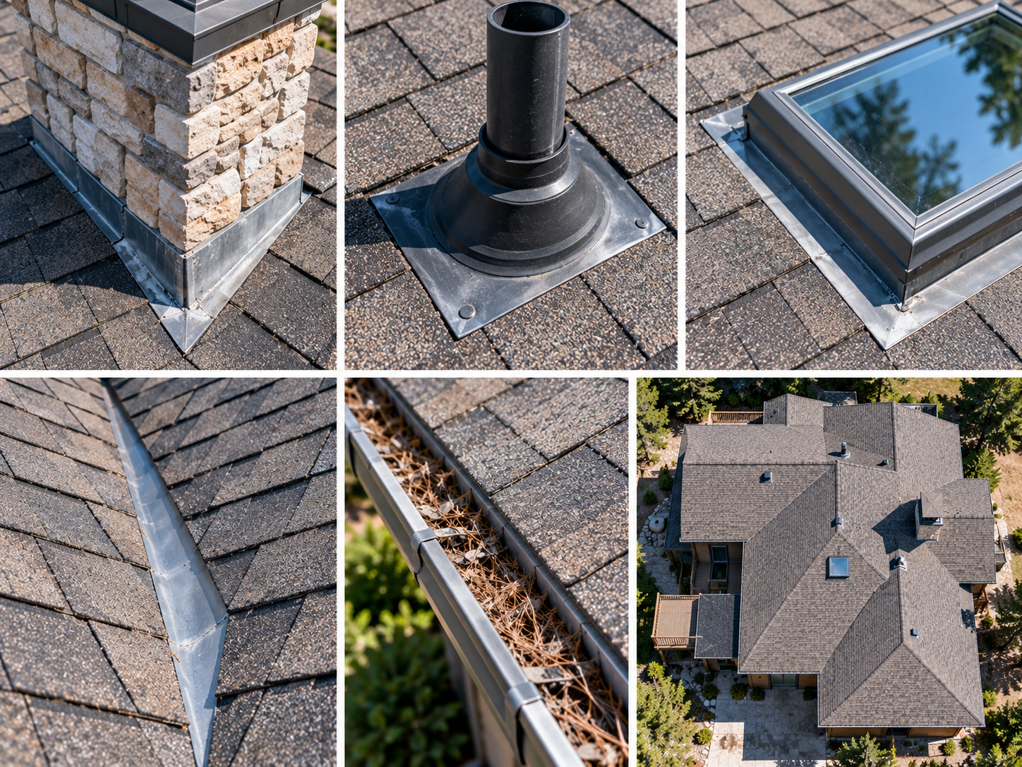 Collage of aerial roof inspection details