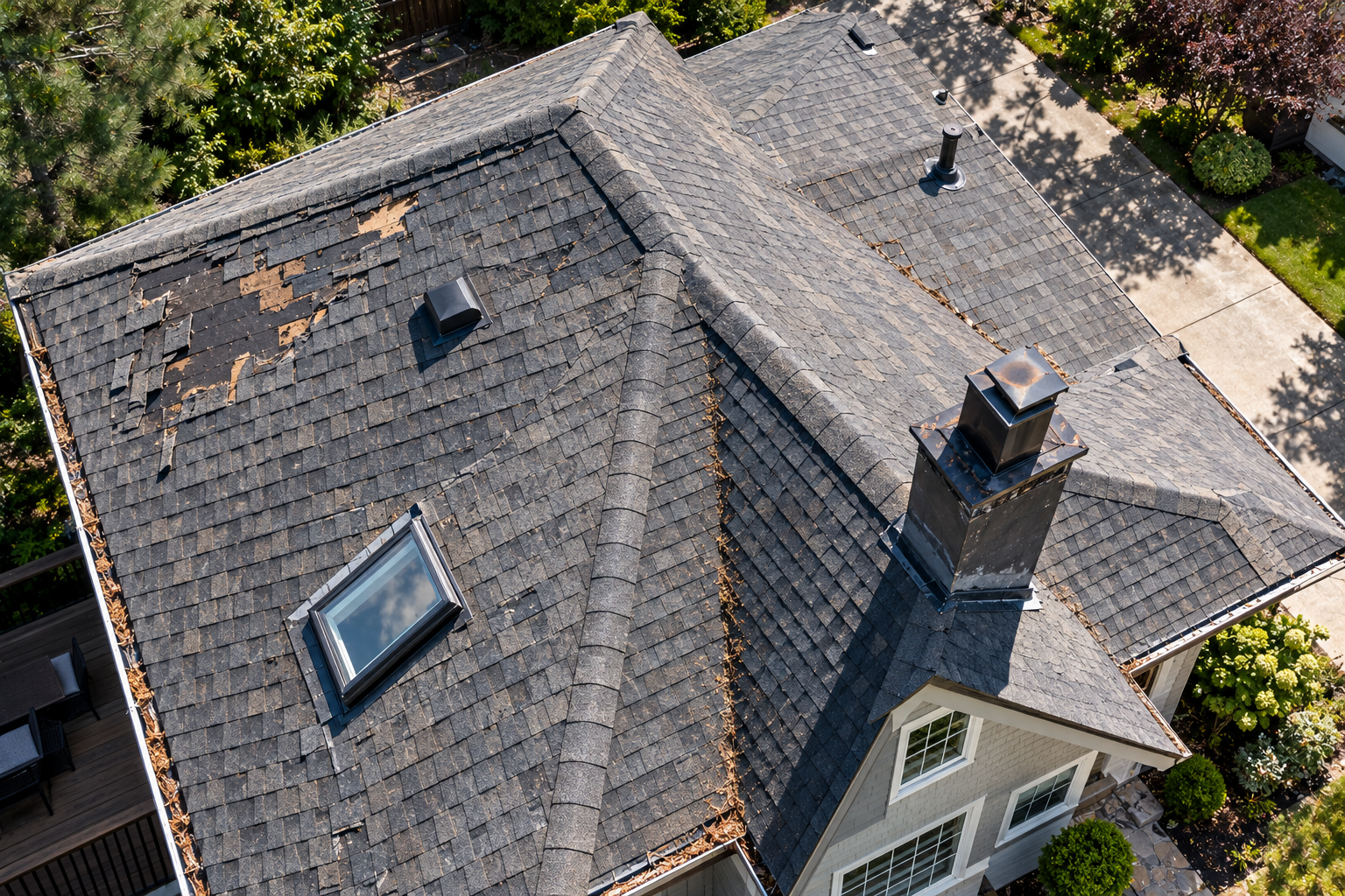 Aerial view of a residential roof with visible roof wear