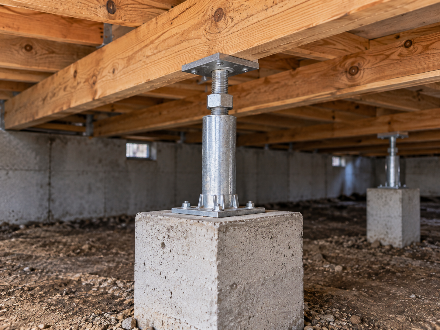 Adjustable steel post supporting a crawlspace beam