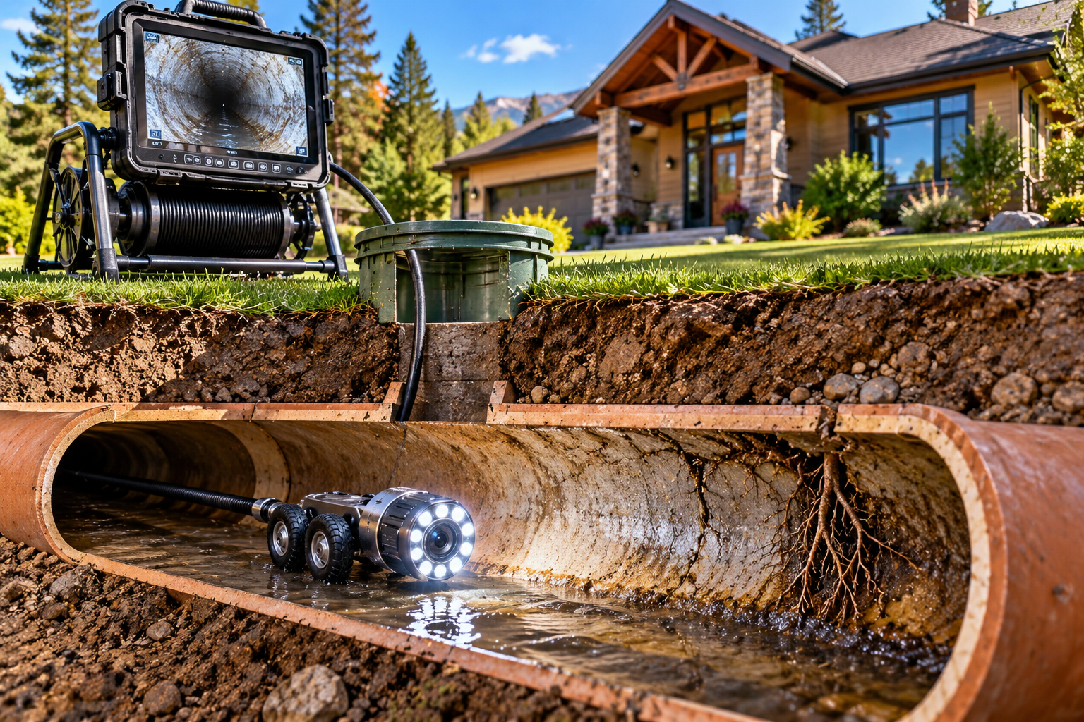 Sewer inspection camera operating inside an underground drain line