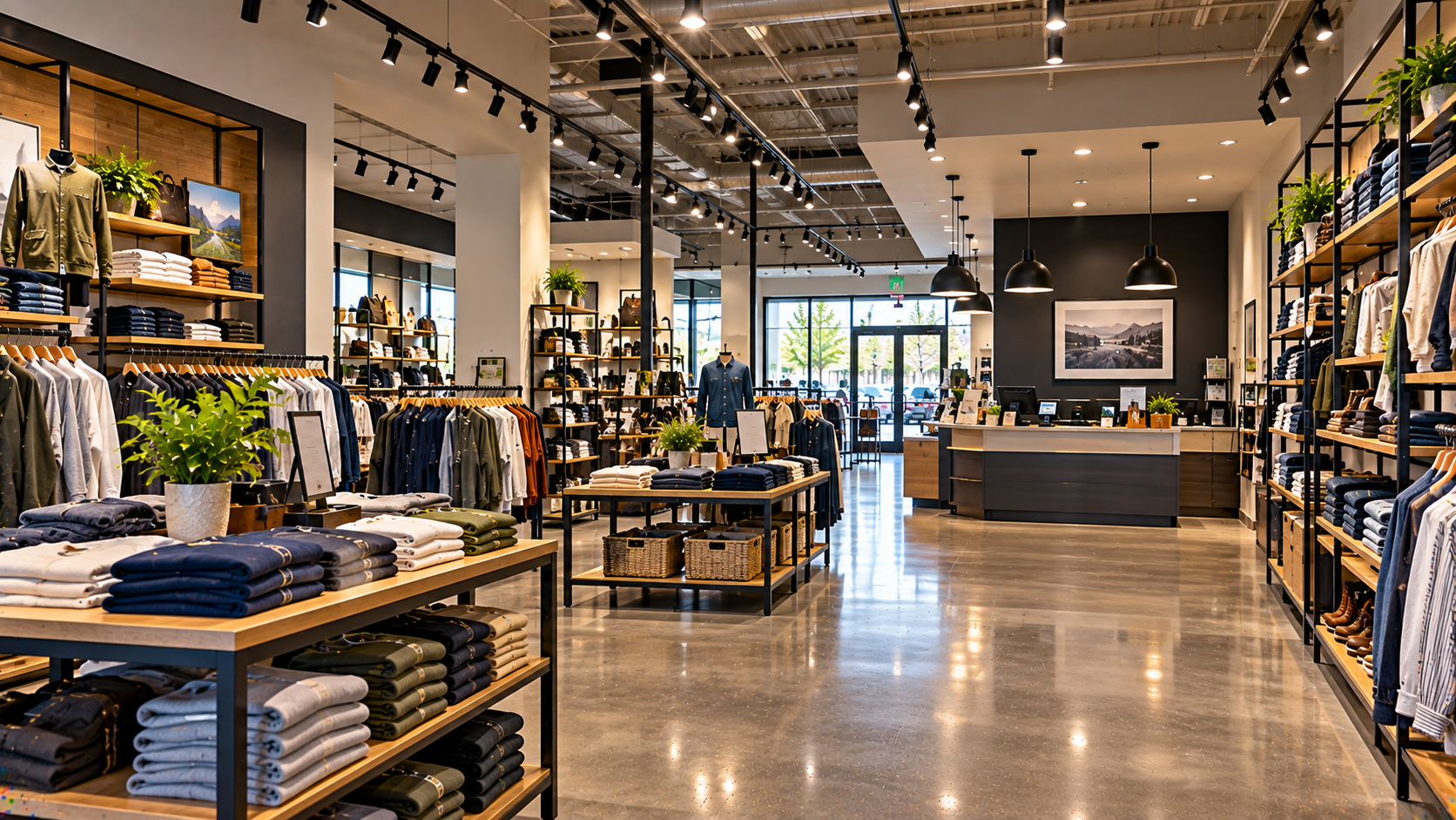 Retail store interior with sales floor and checkout area