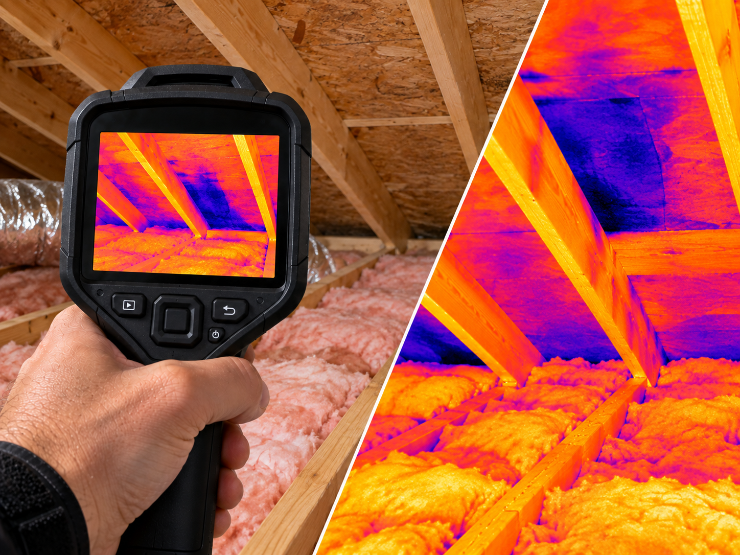 Thermal imaging camera showing insulation temperature differences in an attic